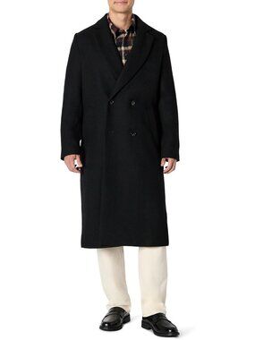 🆕 Men's Black Relaxed Fit Double Breasted Wool Blend Longline Topcoat
